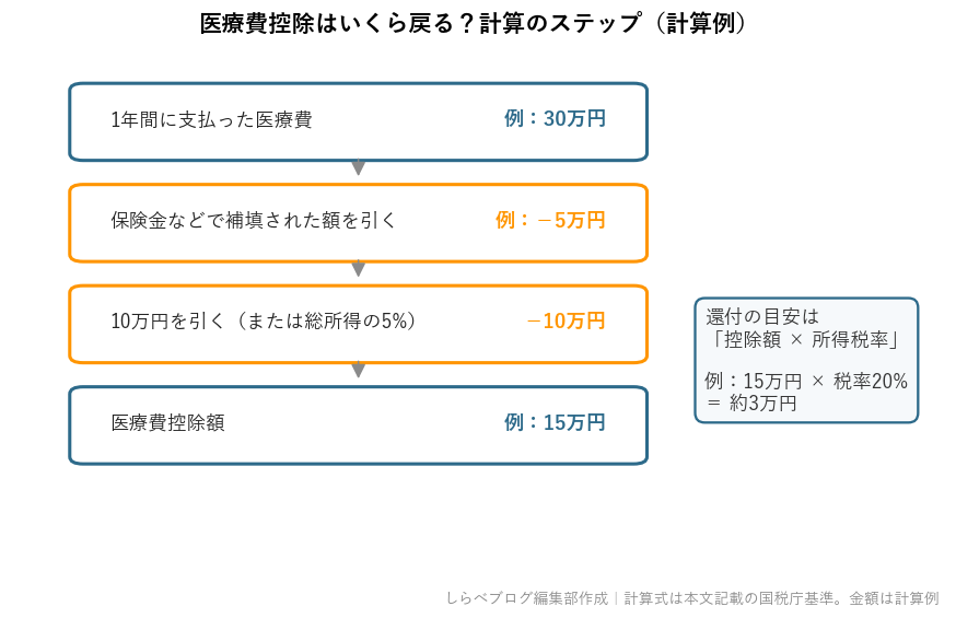 医療費控除の計算ステップ：支払った医療費から補填額と10万円を引いた額が控除額になる